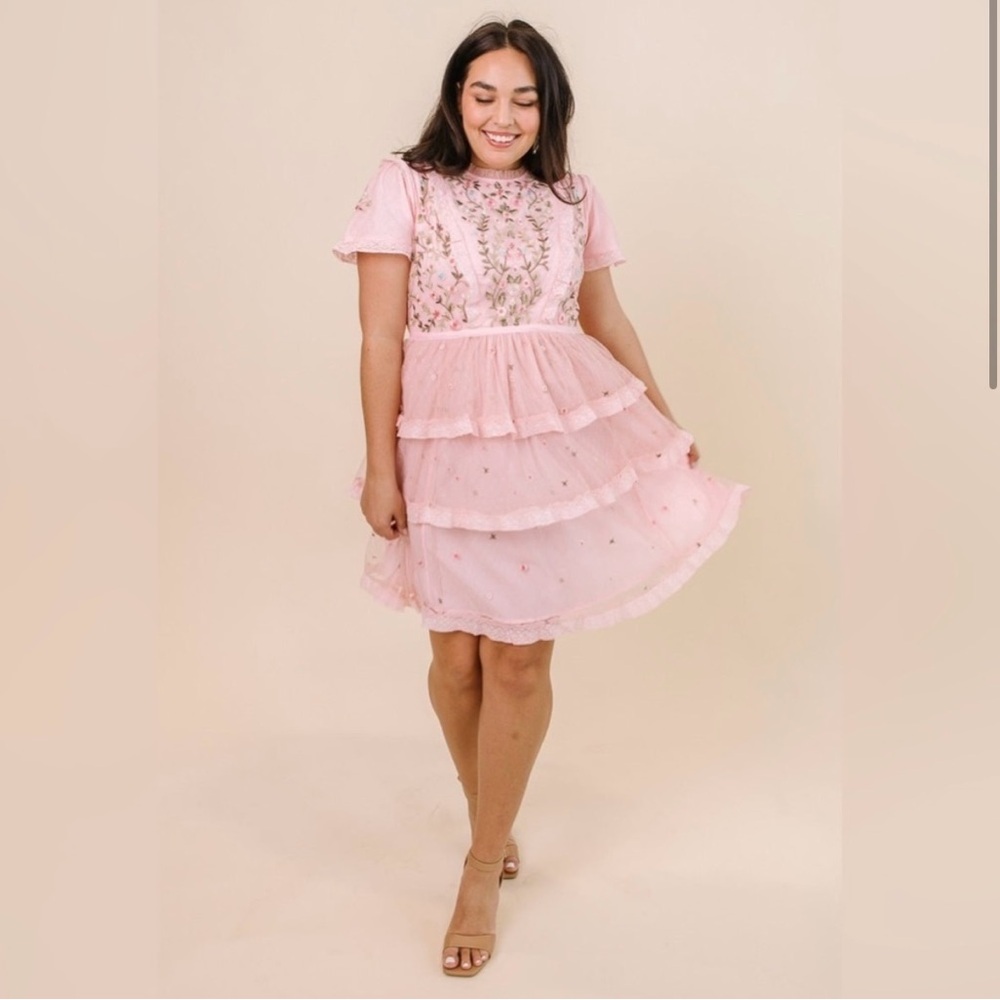 Ivy City Co Ingrid Floral Embroidered Ruffle Dress Pink EUC